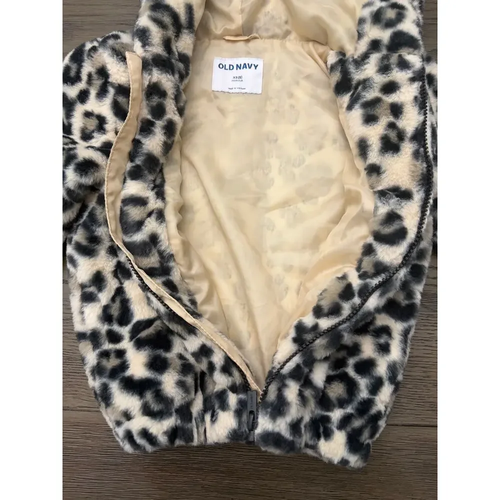 Old Navy Girls XS 5 Leopard Faux Fur Hooded Jacket Coat